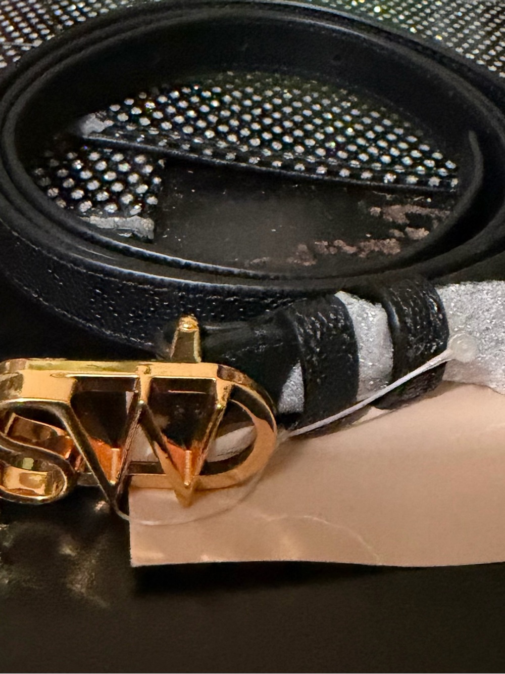 Stuart Weitzman Black Leather Belt with Gold SW Buckle NWT size L